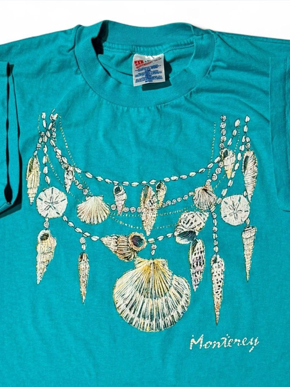 MONTEREY CALIFORNIA SHELL VINTAGE 90s BEACHWEAR TEAL cotton tee L